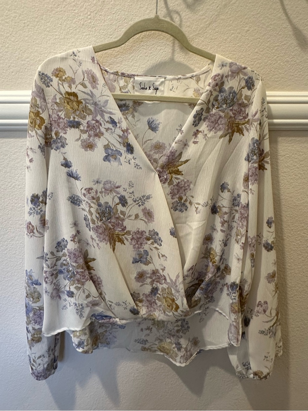 Sadie & Sage White Floral Wrap Blouse with Purple and Gold Blooms
